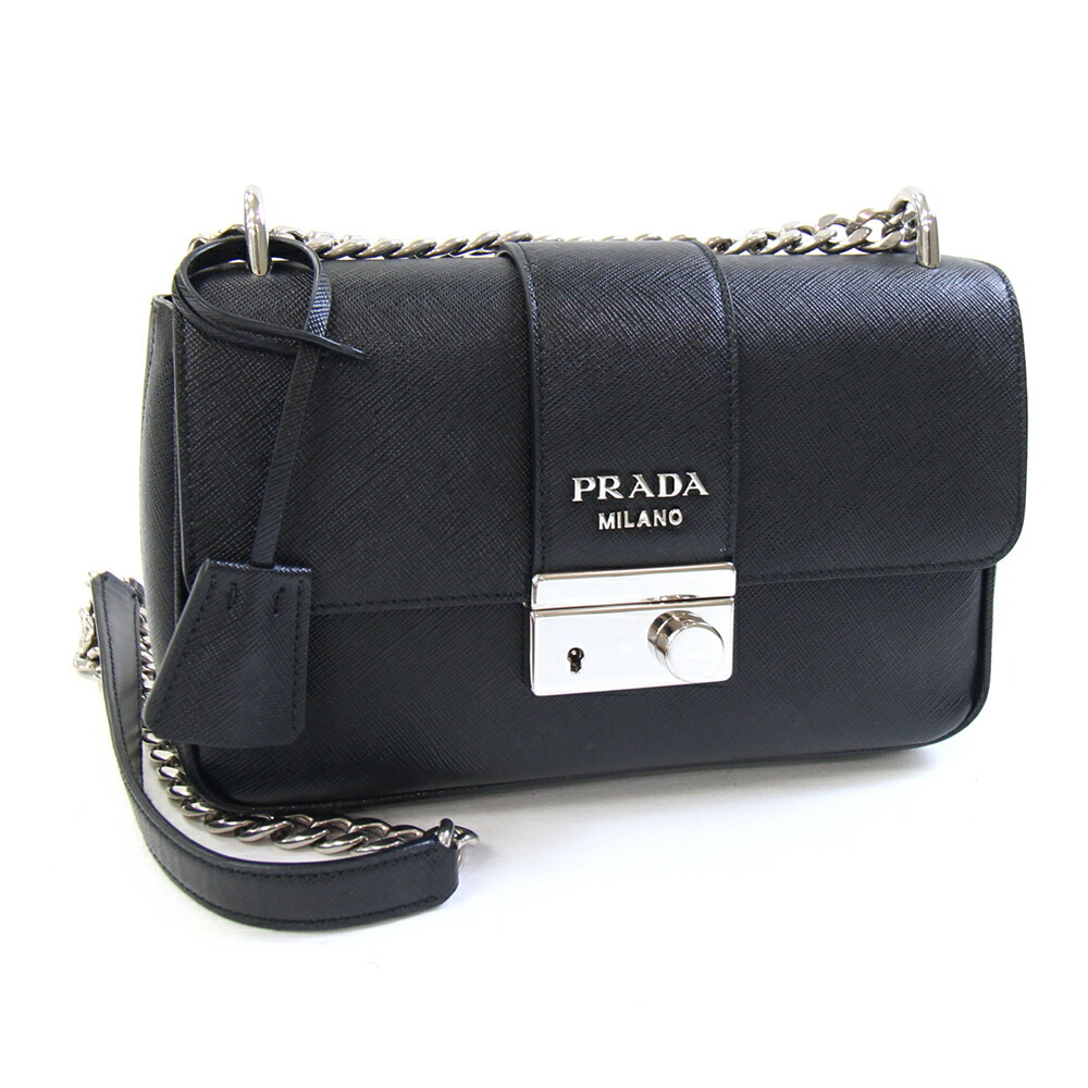 プラダ ショルダーバッグ 1BD298 ブラック レザー 中古 サフィアーノ チェーンショルダー クロスボディ ロゴ ミニバッグ拍卖