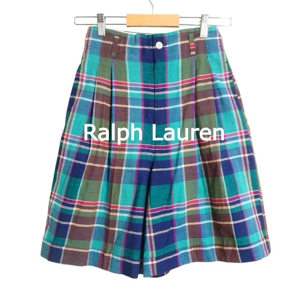 美品 Ralph Lauren ラルフローレン サイズ7 マドラスチェック柄 コットン タック ハーフパンツ ショートパンツ グリーン系 マルチカラー拍卖