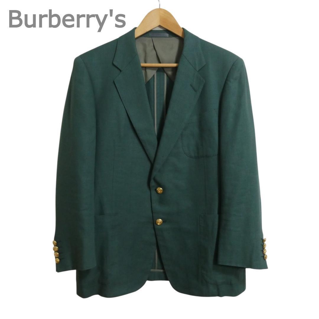 美品 Burberry's バーバリーズ 94-84-165AB4 金ボタン 麻 リネン100% シングル 2B テーラードジャケット スーツ 緑 グリーン拍卖