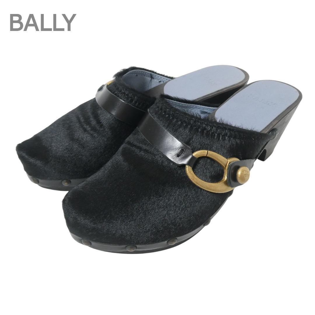 美品 BALLY バリー 36 約23㎝ ハラコ ベルト 鋲 ウッドソール ハイヒール サボサンダル ミュール 黒 ブラック拍卖