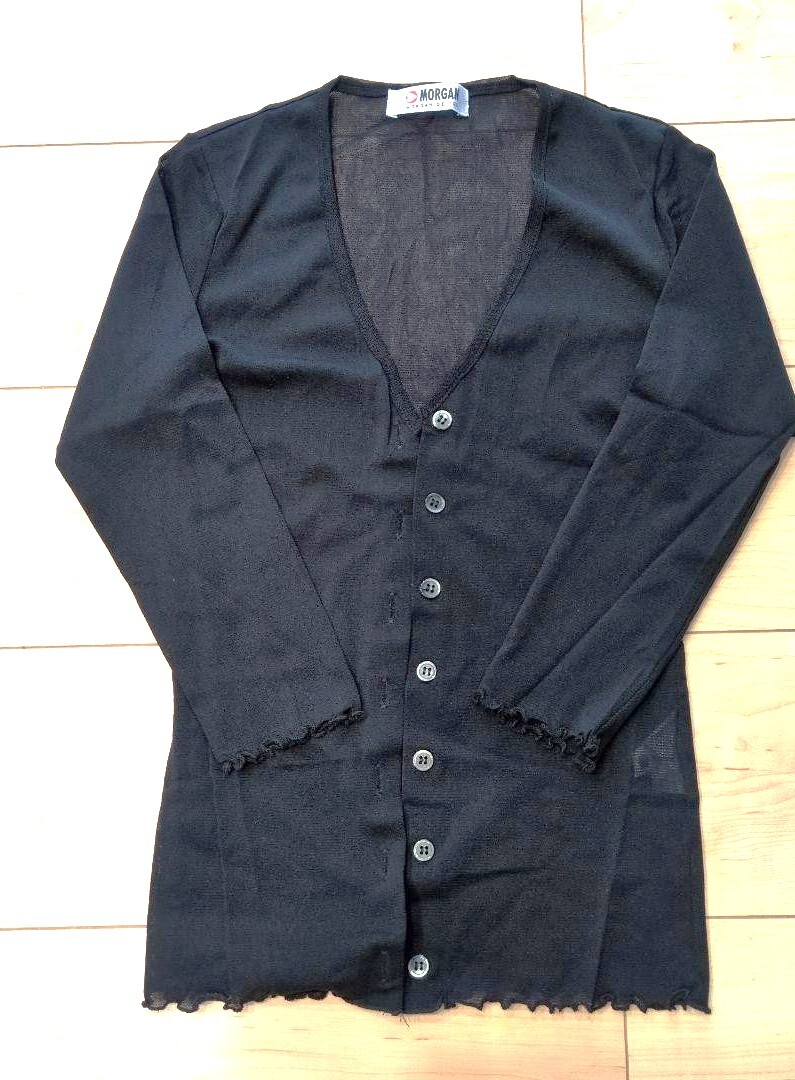 MORGAN DE TOIモルガンシアーシースルー薄手美ライン七分袖カーディガン/黒パワーネットフリル裾フリル袖フリンジ裾フリンジ袖着やせ拍卖