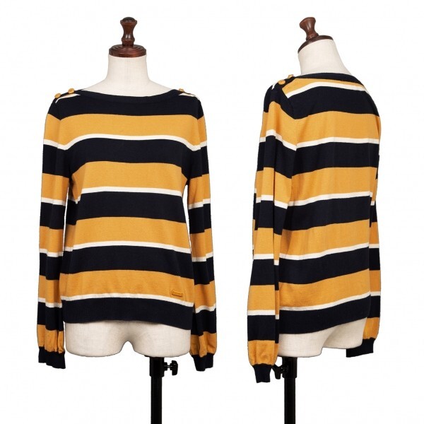ブルーレーベルクレストブリッジ BLUE LABEL CRESTBRIDGE ボーダーショルダーボタンニットセーター 黄紺白38拍卖