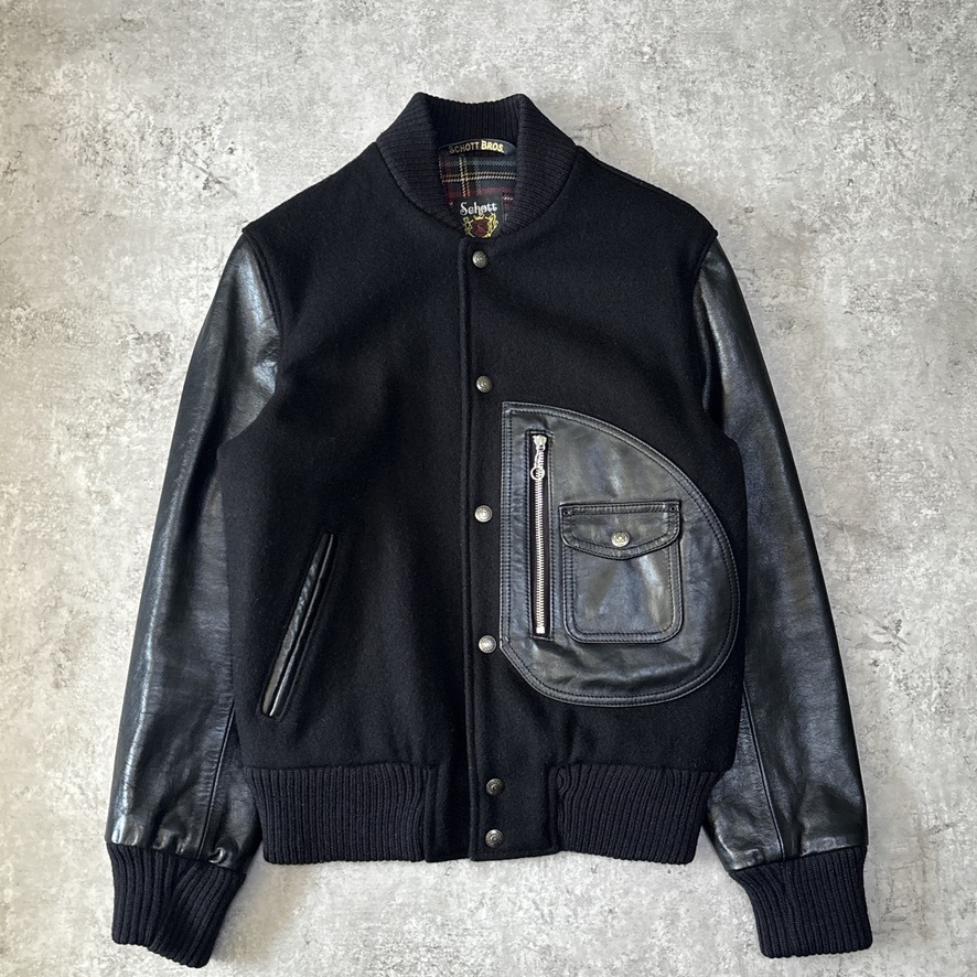 美品 USA製 Schoot ショット 767US VARSITY ヴァーシティ ジャケット 袖 レザー Dポケット スタジャン スタジアムジャンパー 36 黒 958拍卖