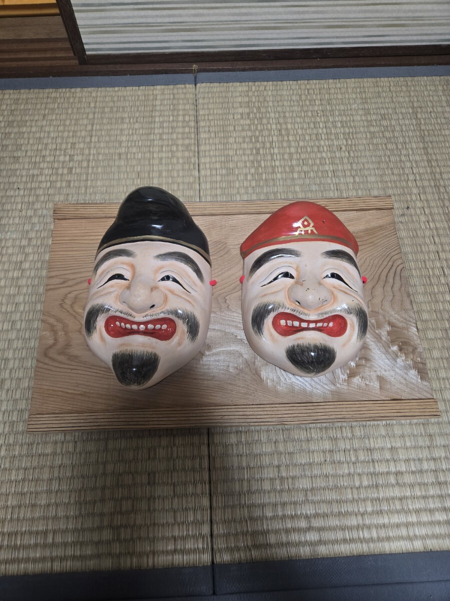 魔除け 伝統芸能 面 神楽面 備中神楽面 インテリア 石見神楽面 伝統工芸 能面 お面 アンティーク 骨董 額縁縦34、54センチ ★送料無料★拍卖