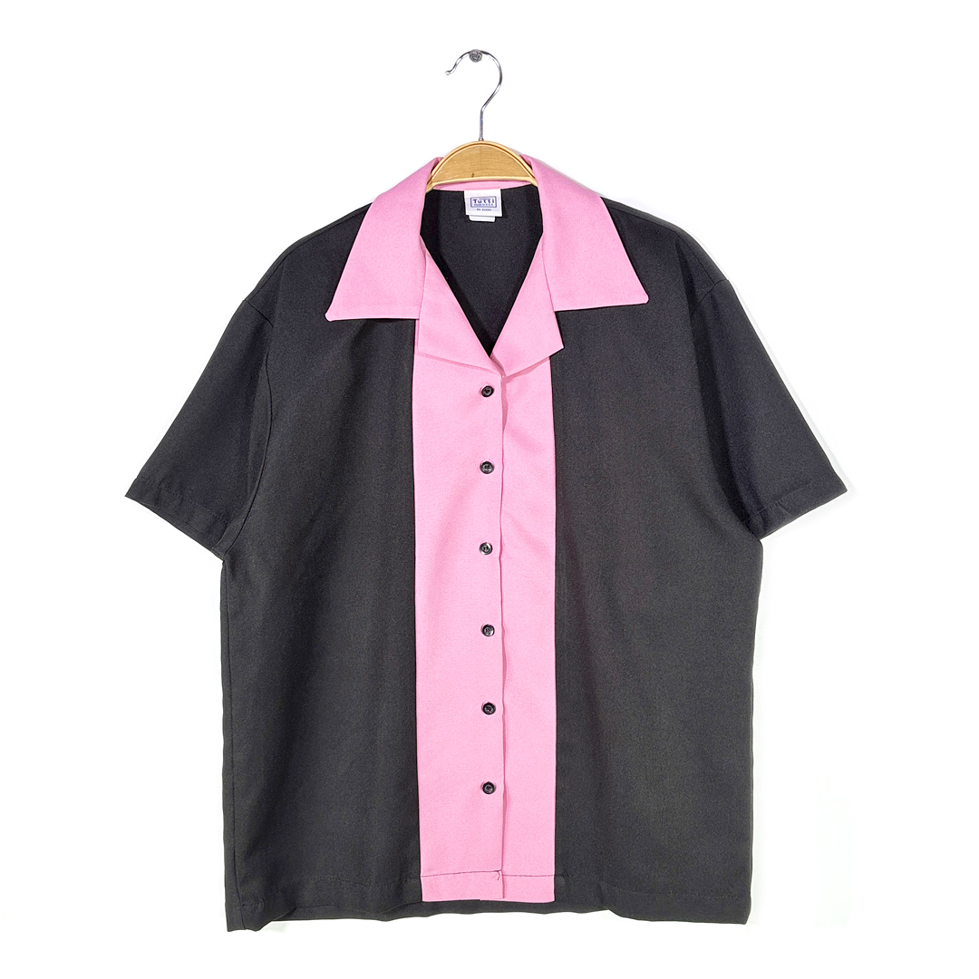 【送料無料】90s TUTTI USA製 ボーリングシャツ オープンカラー ロカビリー ボックス型 2トーン 開襟 ブラックピンク サイズL 古着 @CE9001拍卖