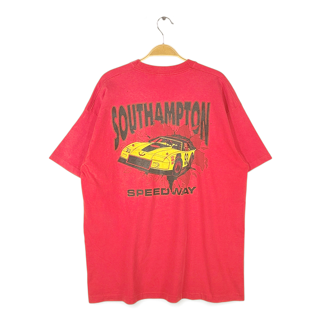 【送料無料】90s フルーツオブザルーム ヴィンテージTシャツ シングルステッチ モータースポーツ ポケT 赤 大きいサイズ XL 古着 @BZ9045拍卖