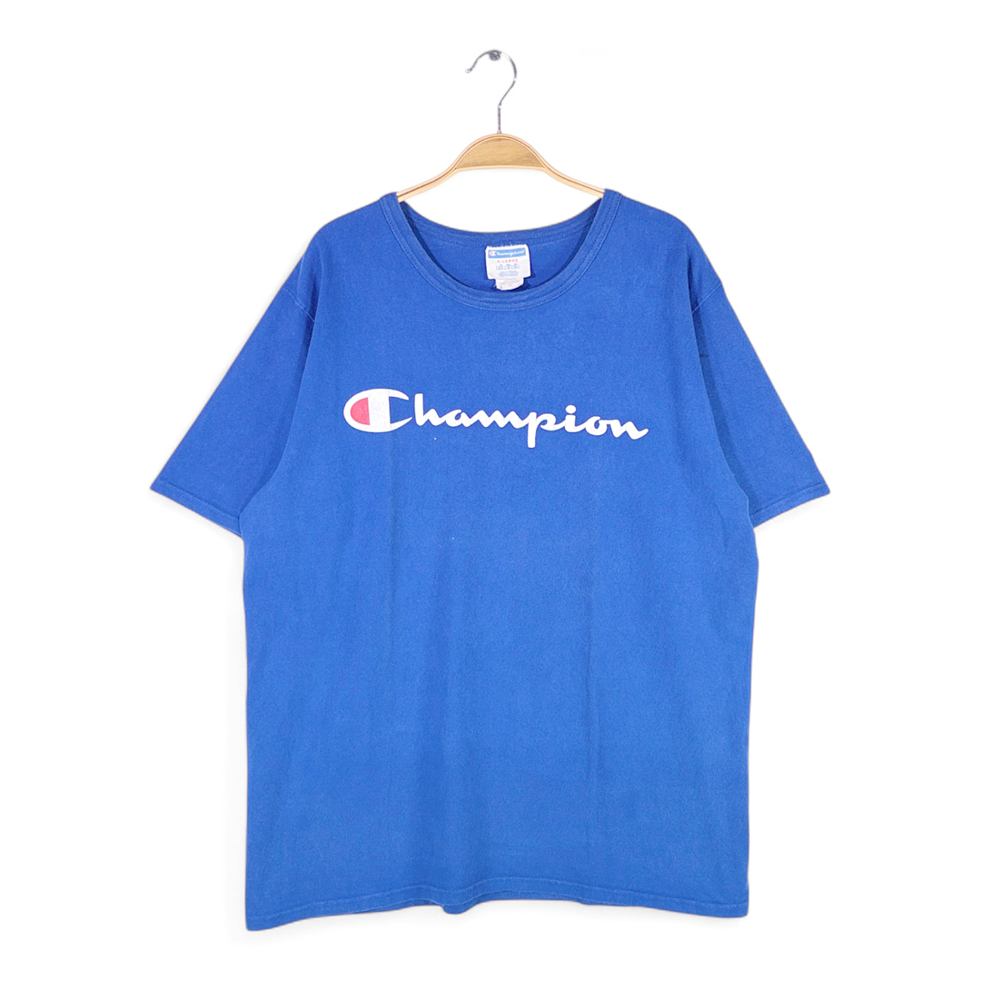 【送料無料】チャンピオン Tシャツ センターロゴ ビッグロゴ 半袖 大きいサイズ CHAMPION ブルー 青色 メンズXL 古着 @BZ9068拍卖