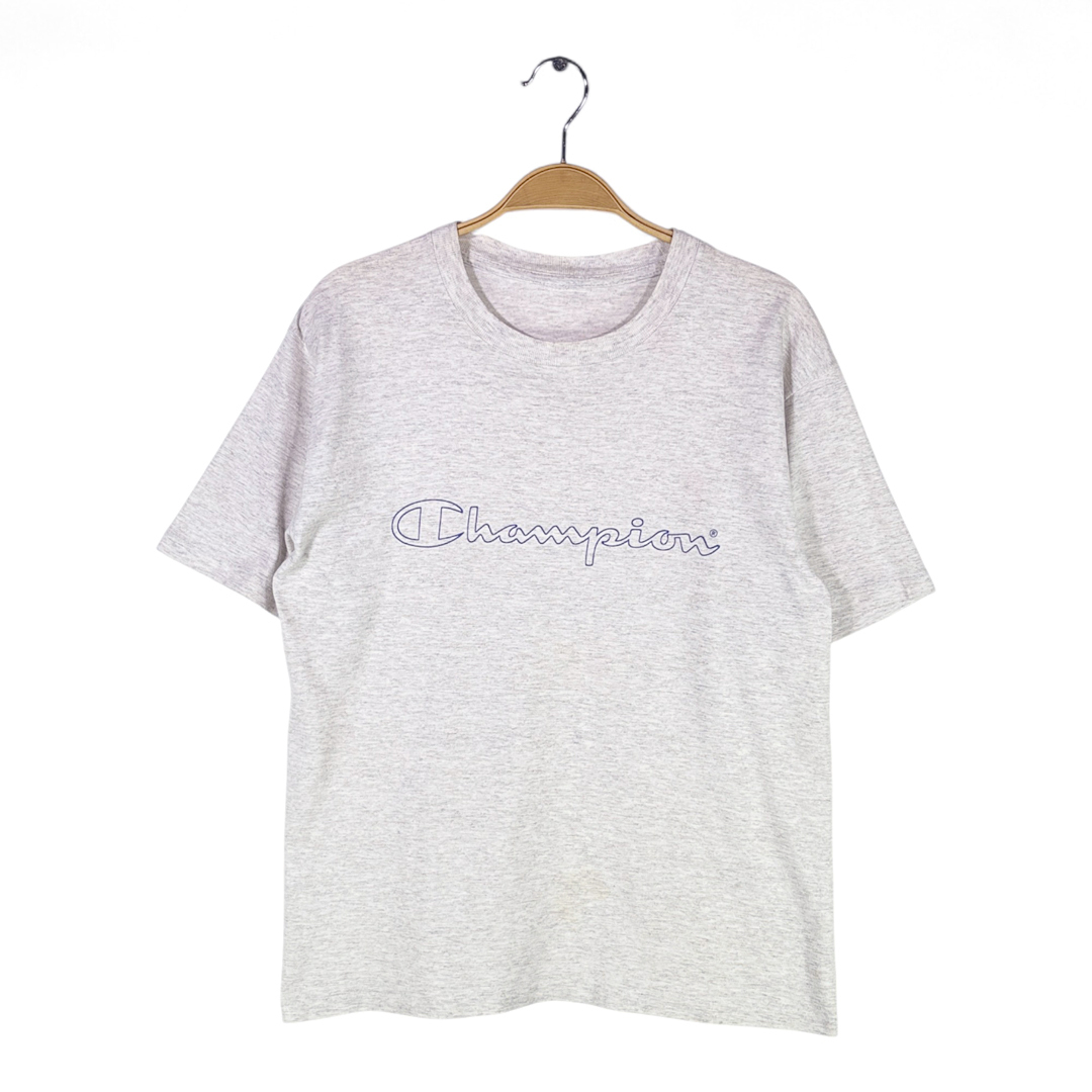 【送料無料】90s チャンピオン シングルステッチ Tシャツ センターロゴ ビッグロゴ 半袖 CHAMPION 霜降りグレー 灰色 メンズM 古着 @BZ9069拍卖