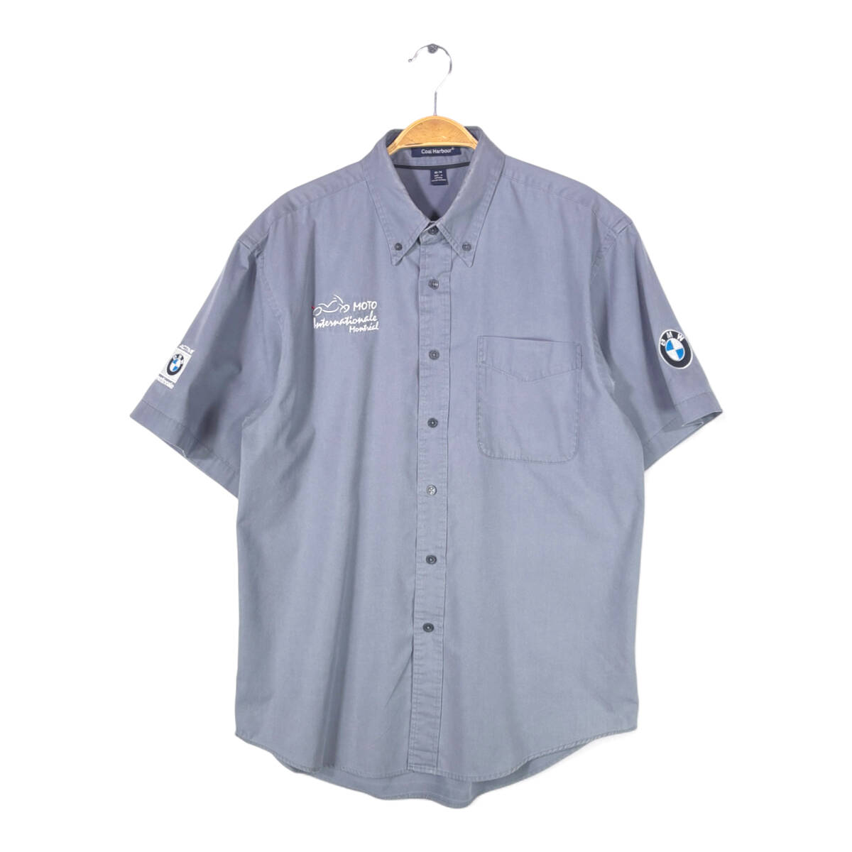 【送料無料】BMW ワークシャツ ワッペン 刺繍 ボタンダウンシャツ グレー バイク メカニック サイズM 古着 @CB9003拍卖
