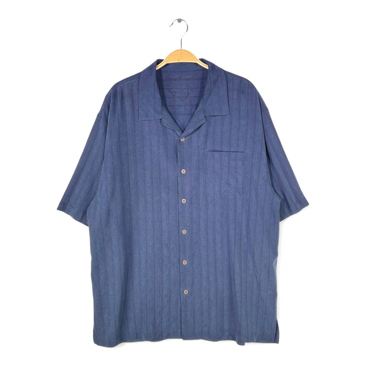 【送料無料】トミーバハマ シルクシャツ ネイビー 無地 アロハシャツ シルクジャガード オープンカラーシャツ 開襟 メンズXL 古着 @CD9021拍卖
