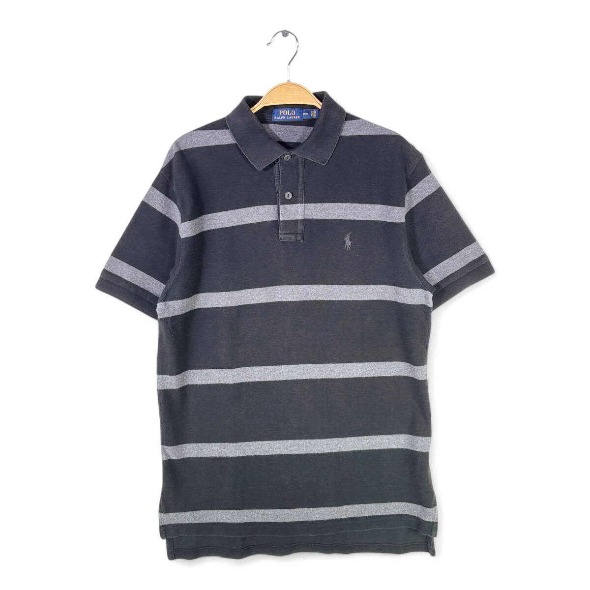 【送料無料】ラルフローレン ポロシャツ 鹿の子コットン 黒灰ボーダー 半袖シャツ ワンポイントロゴ グレーブラック メンズM 古着 @CC9010拍卖