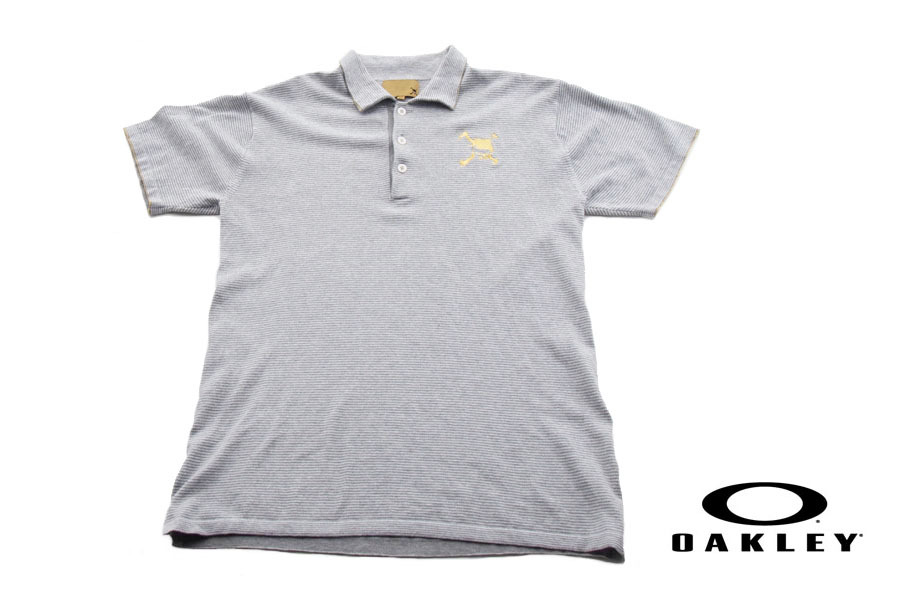送料無料★【中古】オークリー|OAKLEY|スカル刺繍半袖ニットボーダーポロシャツ|メンズゴルフウェア|XL拍卖
