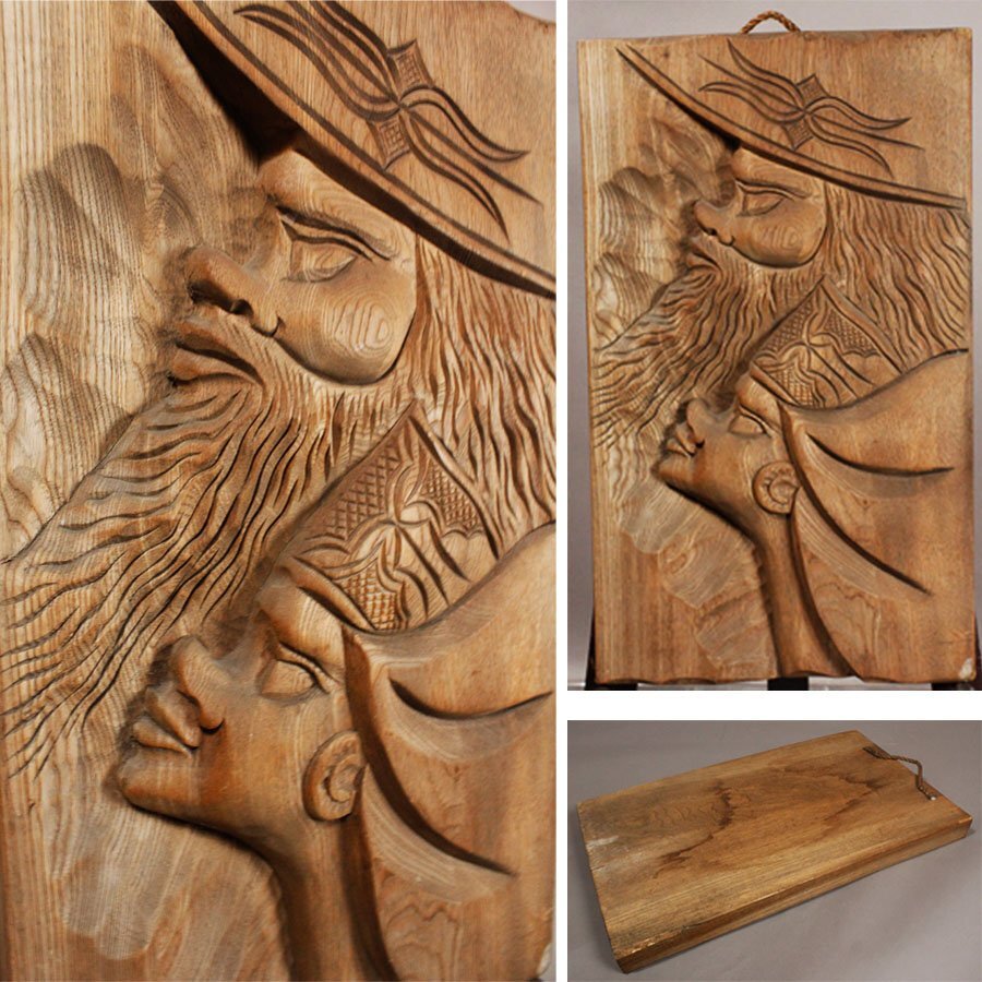 《源》【即決・送料無料】アイヌ 木彫 一枚板 男女 彫刻 壁飾り拍卖