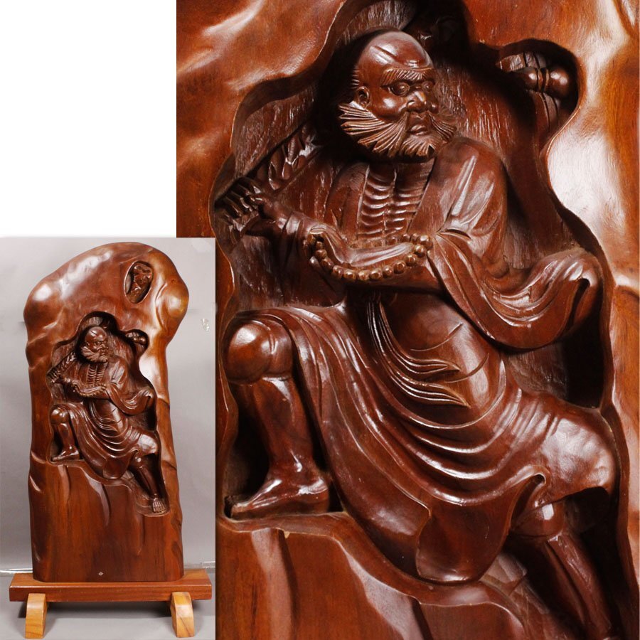 《源》【即決・送料無料】《初心だし》時代物 楠木製 木彫 達磨大師像彫 衝立・置物(H=111.0cm)拍卖