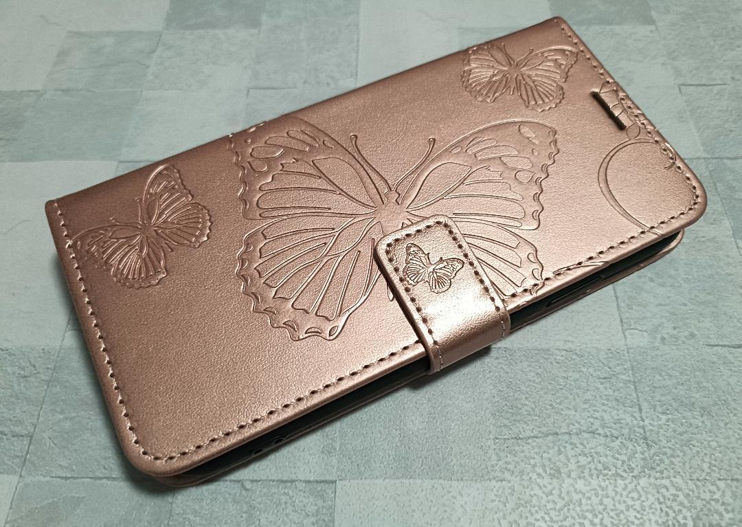 iPhoneXR 用 スマホケース 手帳型 蝶柄 バタフライ ピンクゴールド拍卖