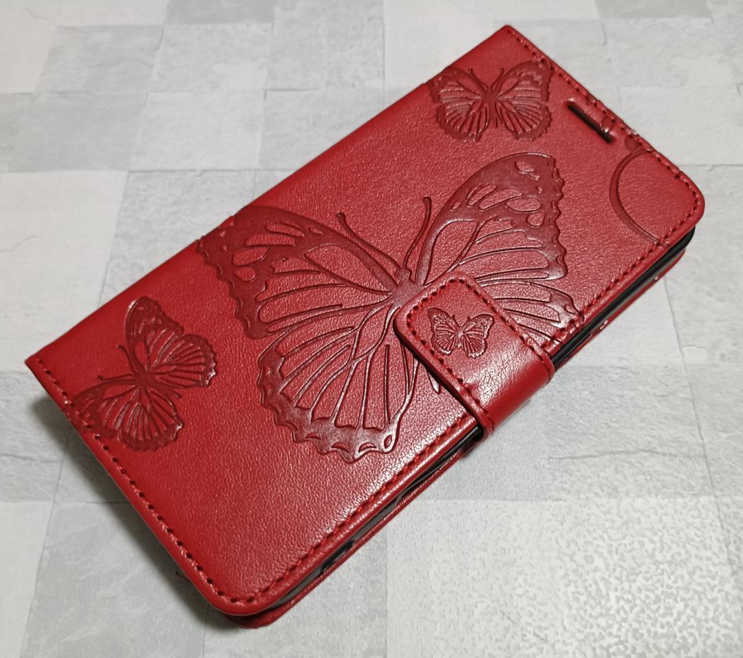 iPhone16 用 ケース 手帳型 蝶柄 バタフライ レッド 深紅色拍卖