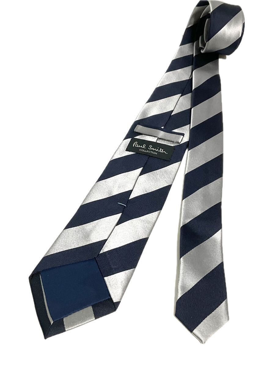 Paul Smith ポールスミス ネクタイ シルバー×ネイビー系 ストライプ レジメンタル 柄 ブランドネクタイ 送料185円(追跡付)〜 拍卖