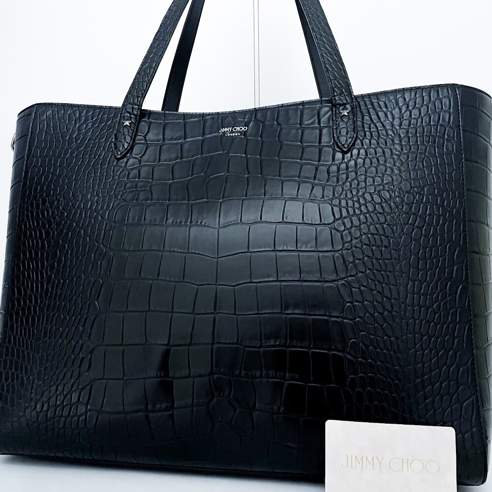 1円■未使用級■定価40万■最上級品■型崩れ無し■JIMMY CHOO ジミーチュウ クロコ トートバッグ ビジネス A4 メンズ レザー ブラック 黒拍卖