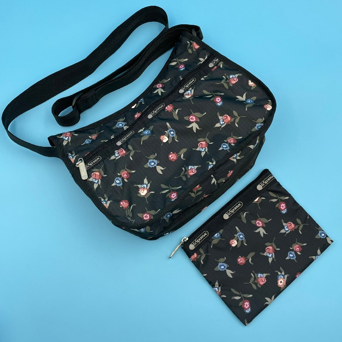 【19075Q078】バッグ レスポートサック LeSportsac ショルダーバッグ ポーチ付き 花柄 ブラック 斜めがけ 肩掛け レディース 現状品拍卖
