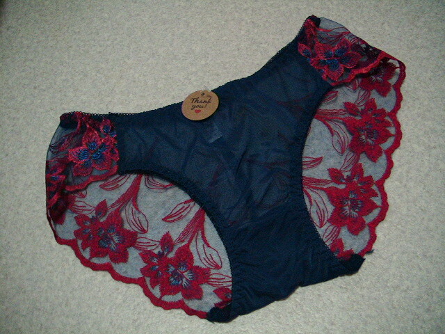 【豪華花柄刺繍 シースルーショーツ】◆ネイビー×レッド◆m24-2◆M◆拍卖