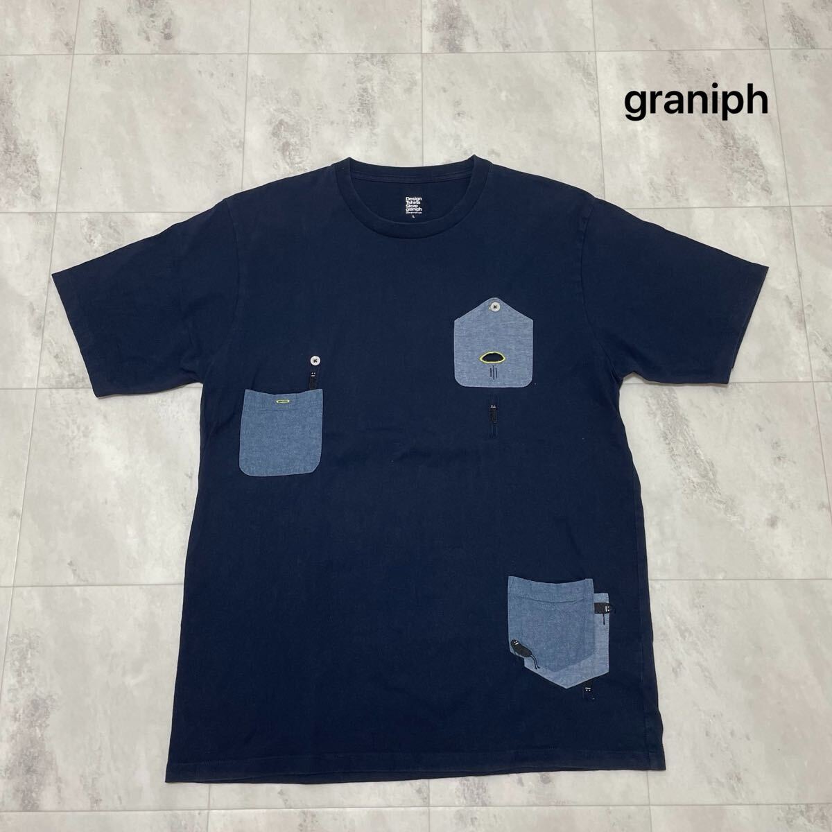 graniph グラニフ ビューティフルシャドー Tシャツ 半袖 ポケット 刺繍 シャドーモンスター ネイビー サイズL 玉SS4168拍卖