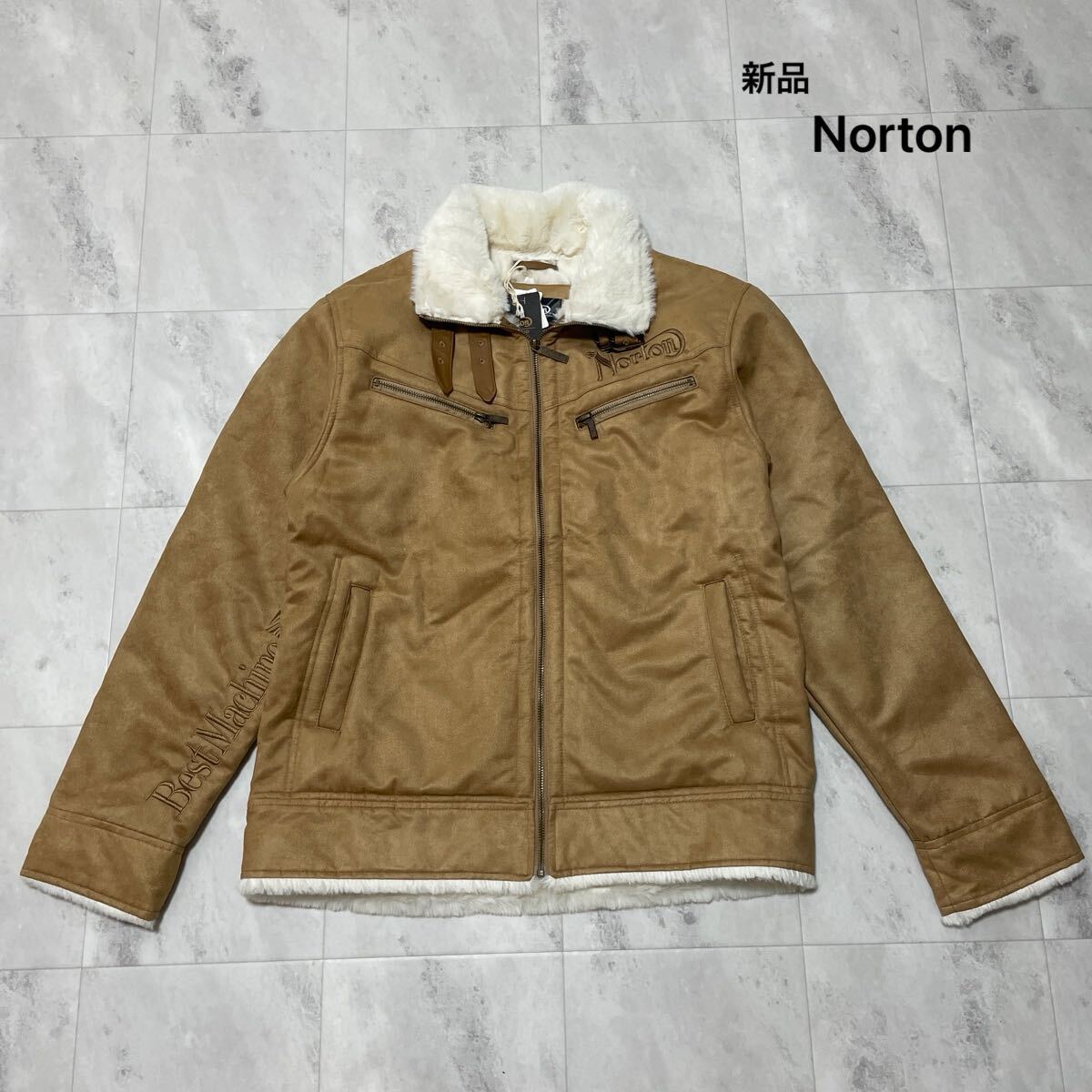 新品 Norton ノートン フライトジャケット ムートンジャケット 刺繍 フルジップ バイカー バイク ボアジャケット ベージュ XL 玉SS4193拍卖