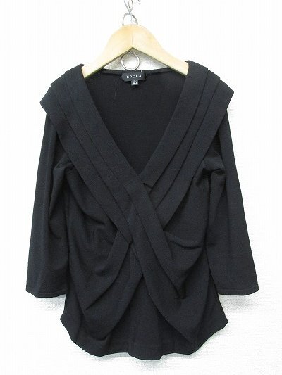 k8231:日本製*EPOCA(エポカ) Vネック レーヨンニット 五分袖 カットソー 40 ブラック黒 きれいめ レディース:36拍卖