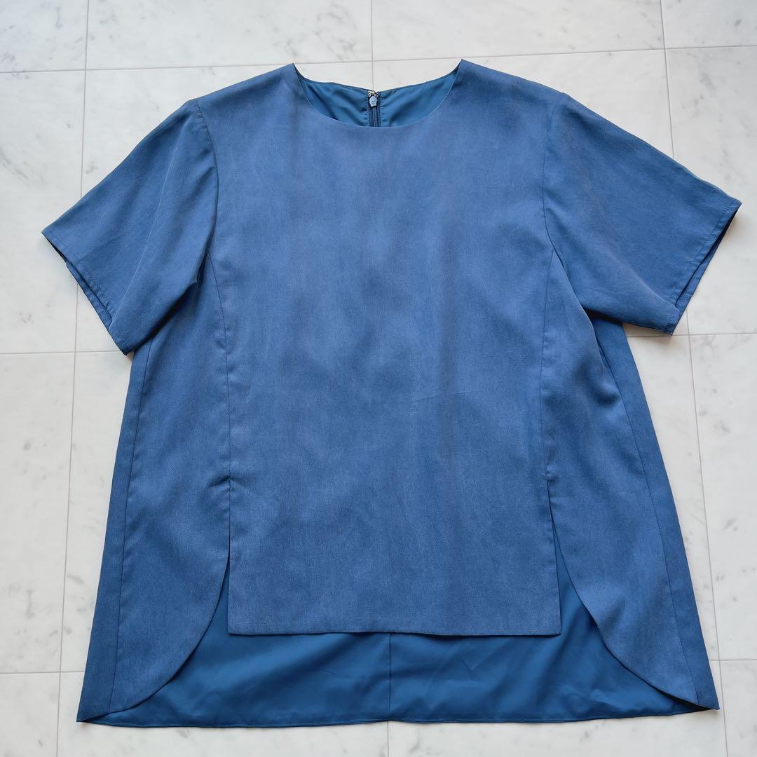 美品 リムアーク RIM.ARK トップス ブラウス プルオーバー 半袖 スリット 前後差 マットカラー ブルー 青 1拍卖