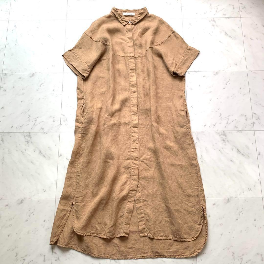 美品 ツムグ tumugu シャツワンピース ロングワンピース レディース 半袖 リネン100% 麻 ブラウン ベージュ 茶 F拍卖