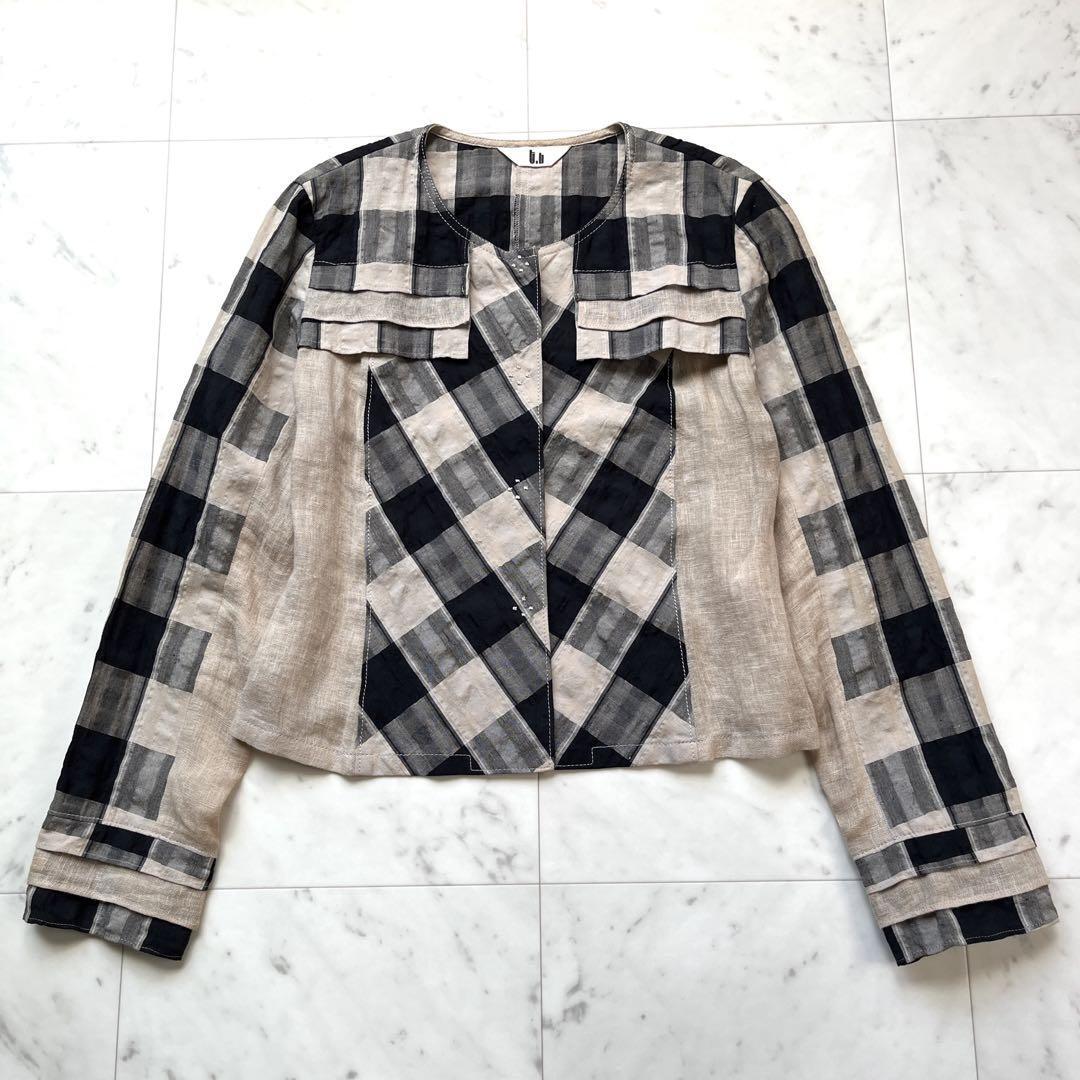 t.b センソユニコ Sensounico ノーカラー ジャケット レディース リネン コットン 麻 綿 チェック 切り替え ブラック ベージュ 黒 M拍卖