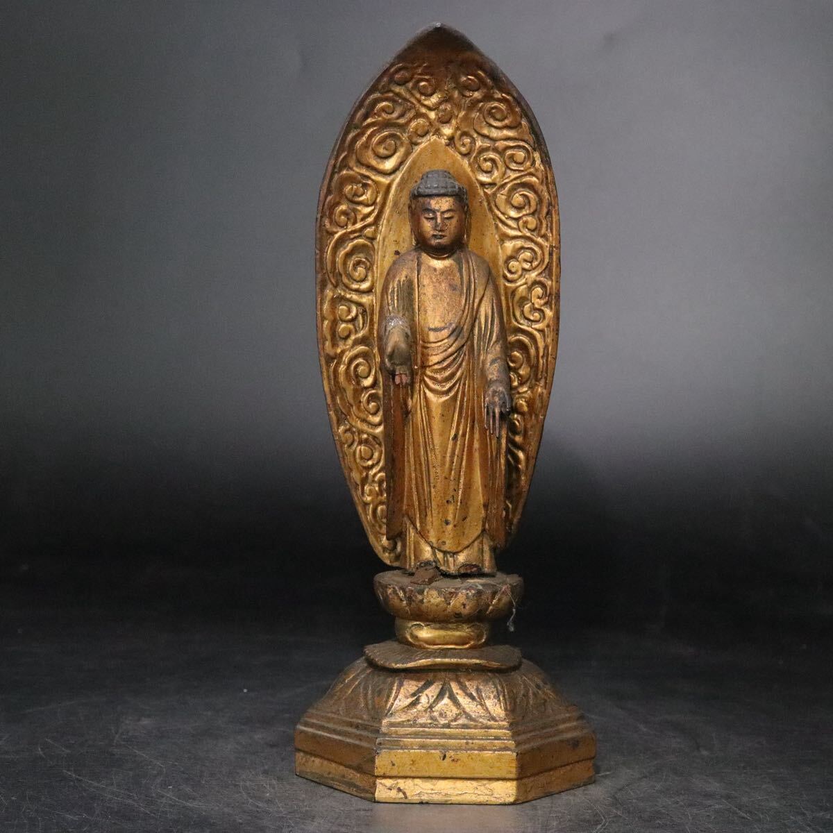 時代 木造 金彩 阿弥陀如来 立像 / 仏教美術 仏像 木製 木彫 .B813拍卖