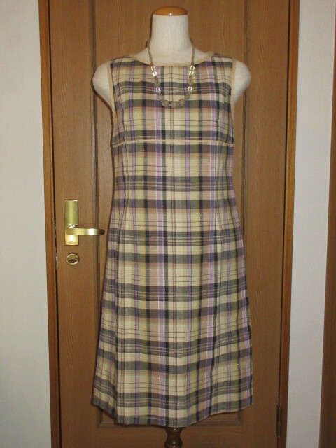 C)■【STYRIA】■麻混の様な手触り銀糸入りチェック/綿55%■ハイウエスト切替/美しいプリンセスライン!■高級ワンピース■SMサイズ拍卖