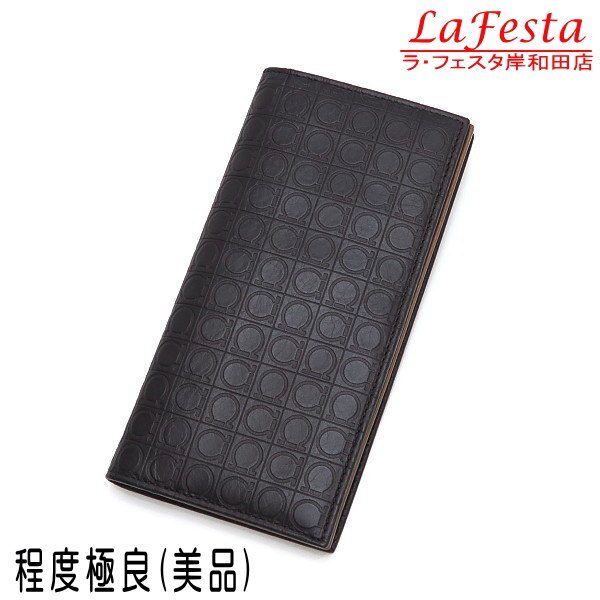 ◆ 本物 美品 ◆ Ferragamo サルヴァトーレ フェラガモ ガンチーニ ロゴ 長財布 小銭入れなし カーフ レザー ブラック 黒 人気 669412拍卖