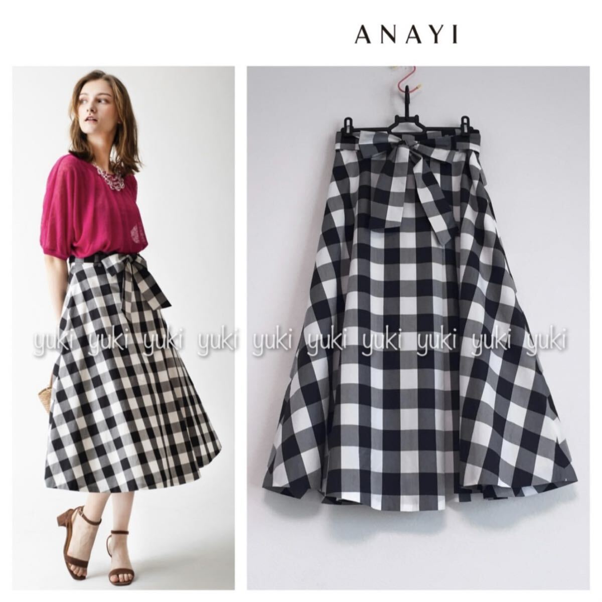 ANAYI ギンガムチェック タックフレアスカート 38拍卖