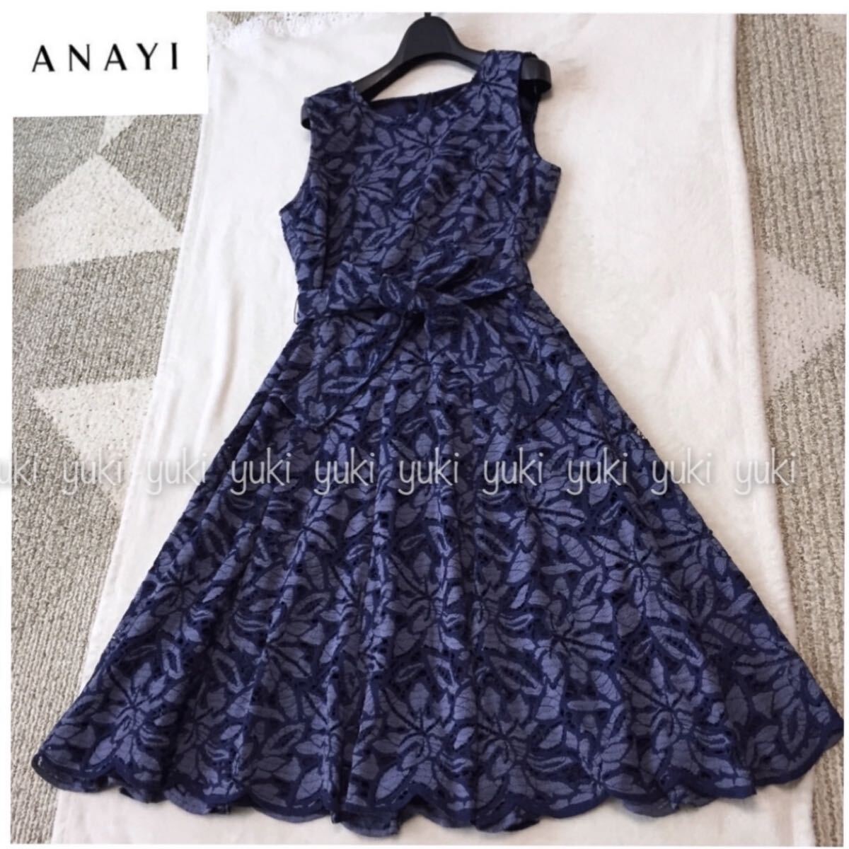 ANAYI ツートンラッカバンレース フレアワンピース 36 ネイビー拍卖