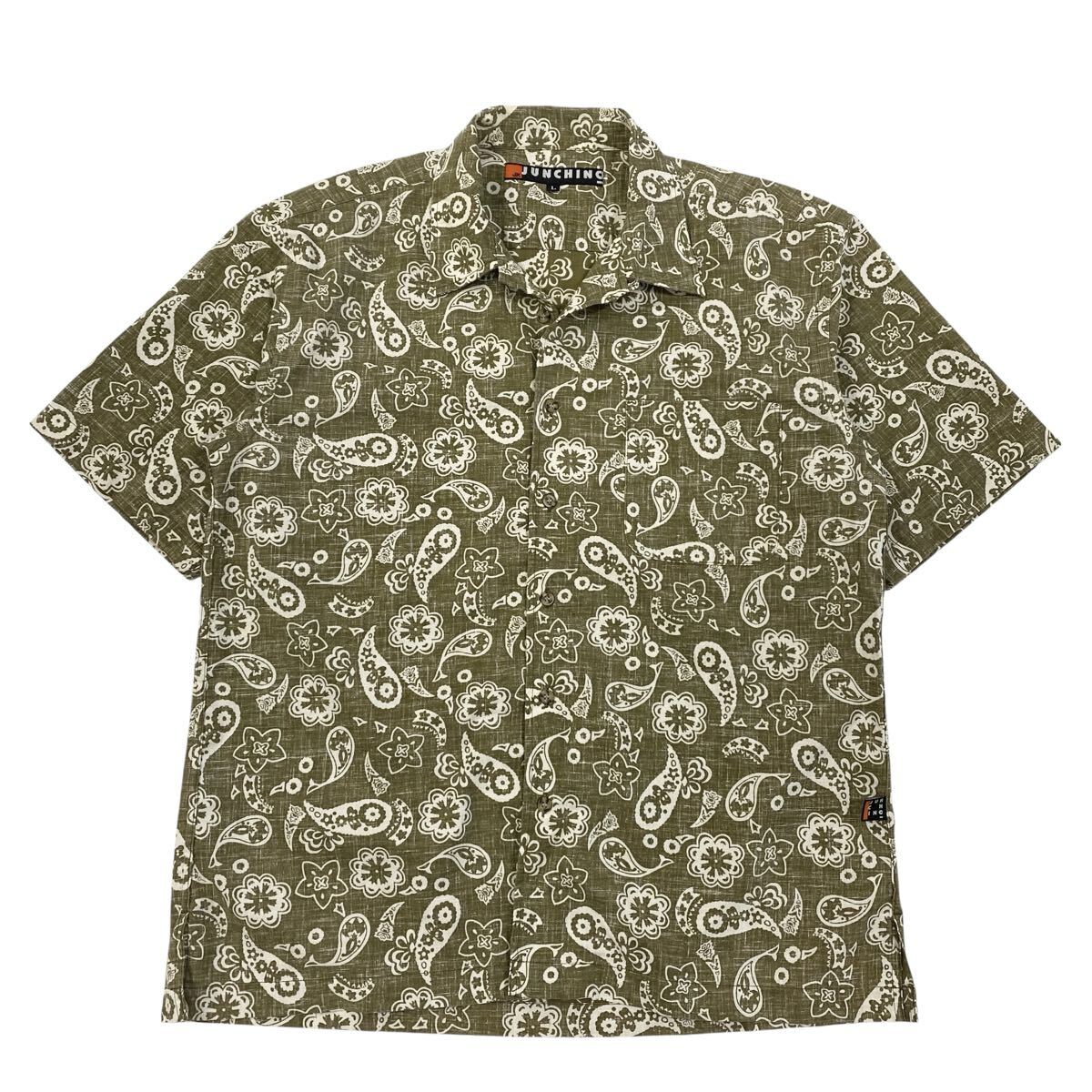 JUNCHINO(ジュンキーノ)半袖 オープンカラーシャツ リバースプリント ペイズリー柄 メンズL カーキ系拍卖
