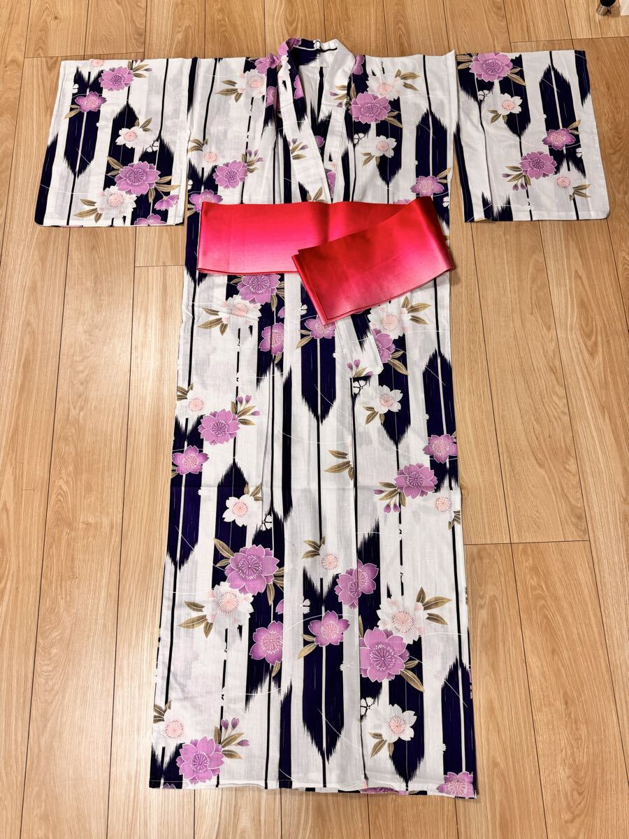 レディース浴衣★中古★浴衣・半幅帯2点セット★矢絣と花模様★レトロ拍卖
