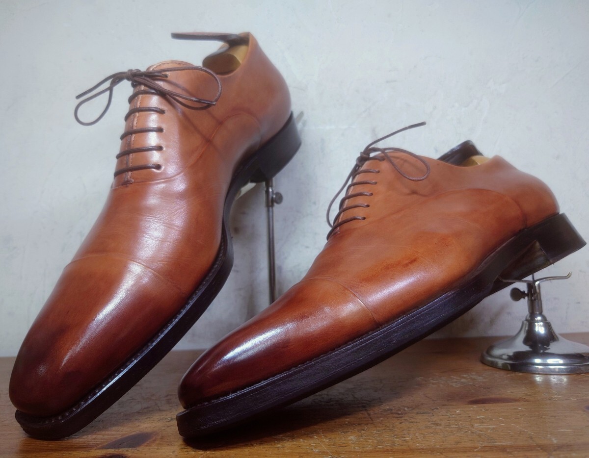 【美品/送料無料】ITALY製 Santoni/サントーニ パティーヌ ストレートチップ UK71/2 26.5cm相応 ブラウン 茶/magnanni ブランキーニ拍卖