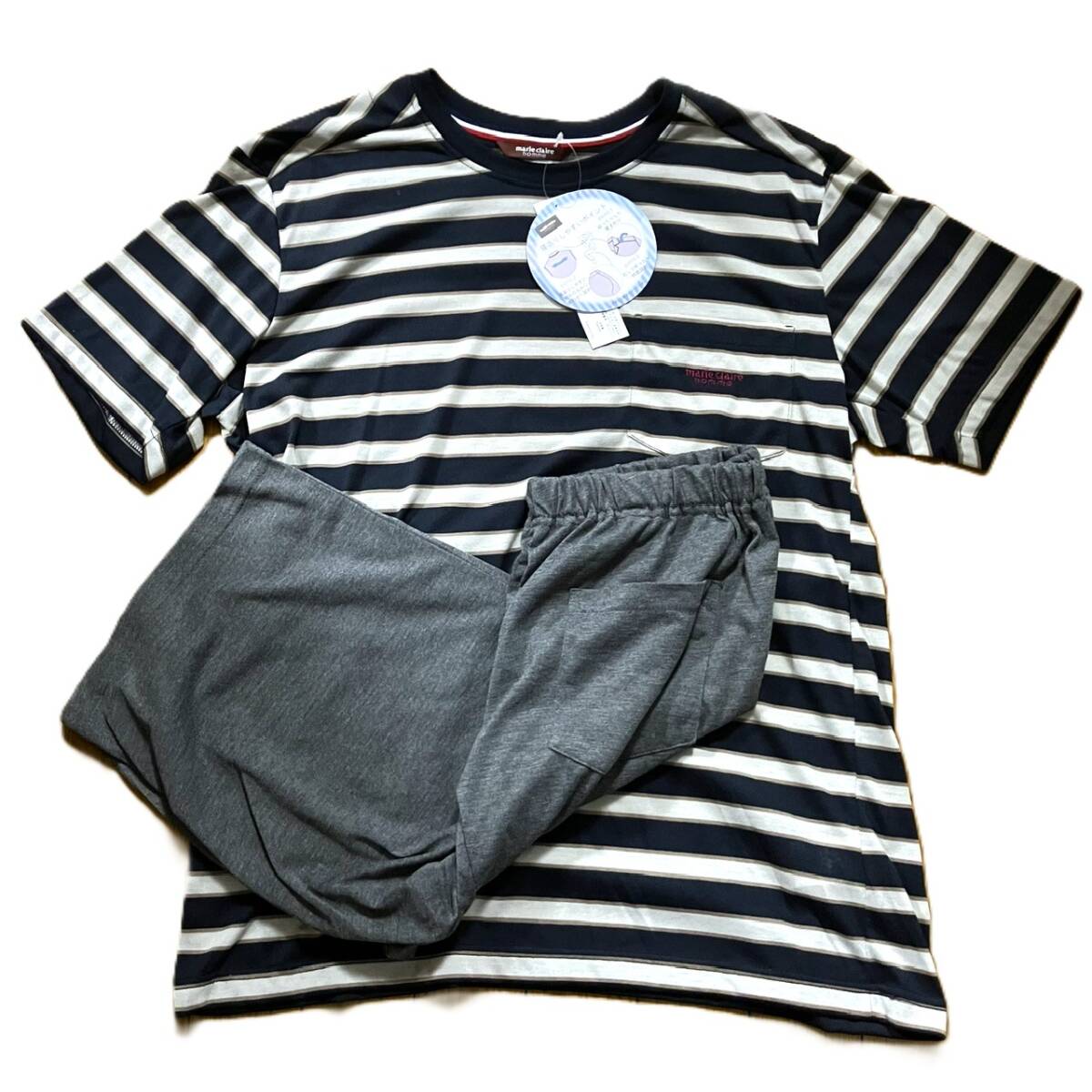 新品 タグ付き マリクレール パジャマ 上下セット メンズL ネイビー 白 ボーダー柄 寝返りしやすい マリ・クレール ルームウェア拍卖