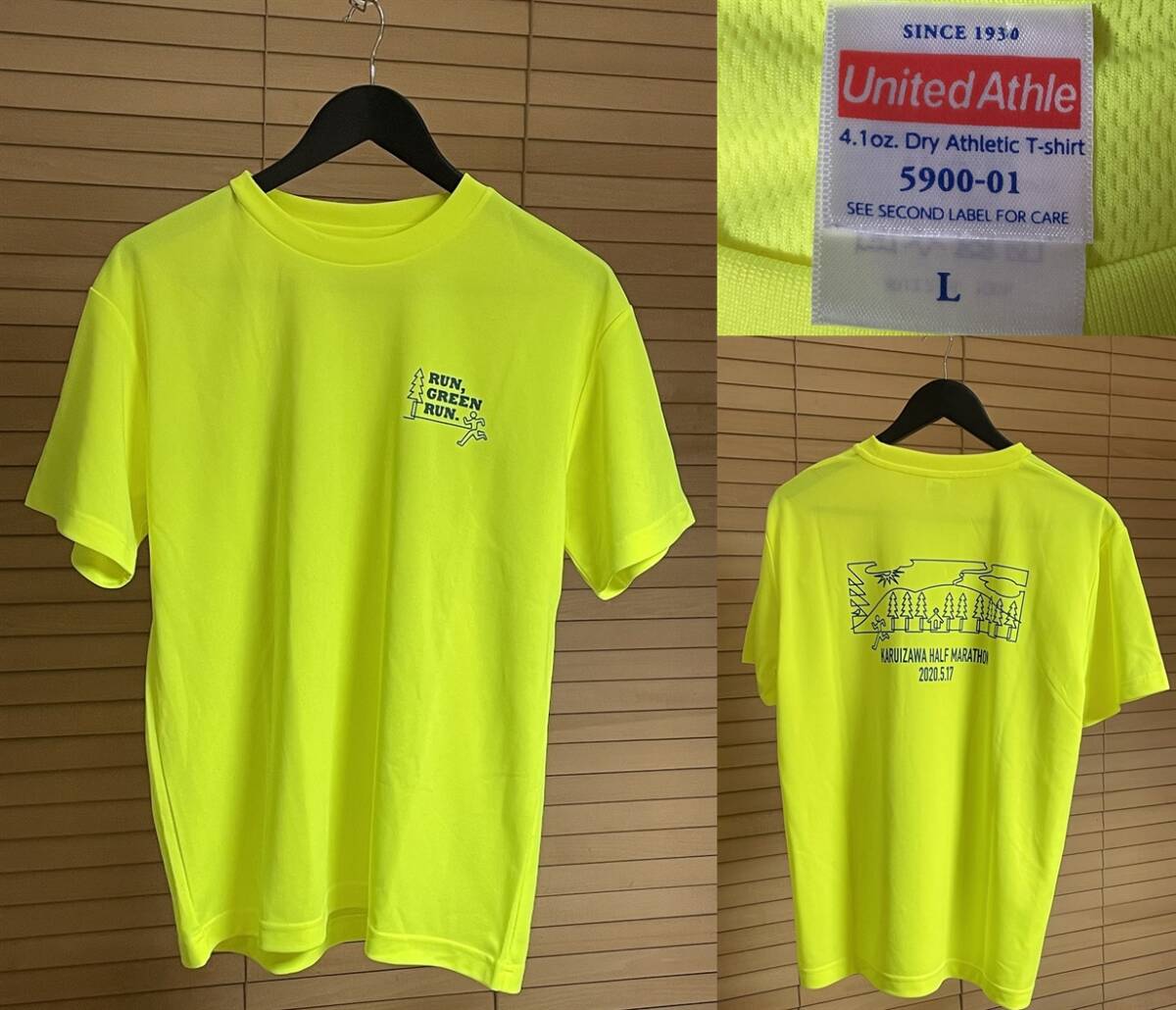 【必見です 激安1点のみ】軽井沢ハーフマラソン 2020年5月17日 RUN,GREEN RUN. 半袖 Tシャツ L ポリエステル100% 蛍光イエロー系拍卖