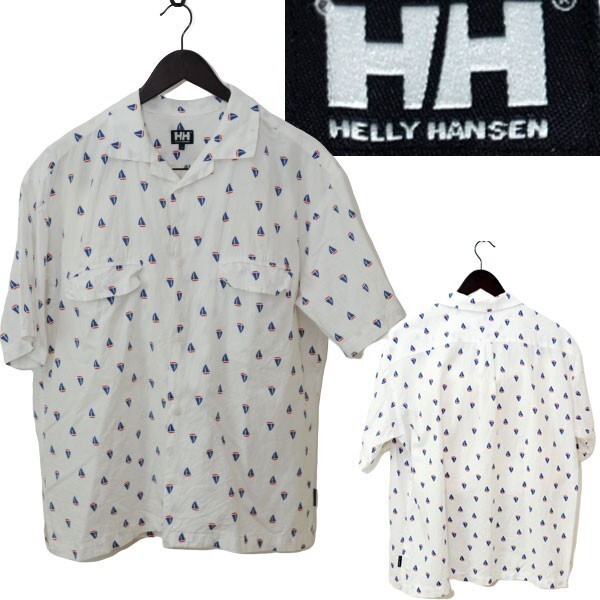 ★【国内正規品 HE41721】HELLY HANSEN ヘリーハンセン コットン麻レーヨン生地 総柄 ヨット柄 半袖 ポケット 開襟シャツ L ホワイト系拍卖