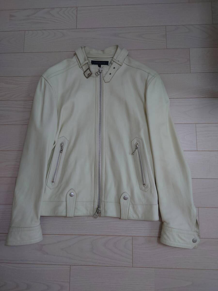 美品 トミーヒルフィガー TOMMY HILFIGER ライダースジャケット レザージャケット ラムレザー 羊革 白 ブルゾン拍卖