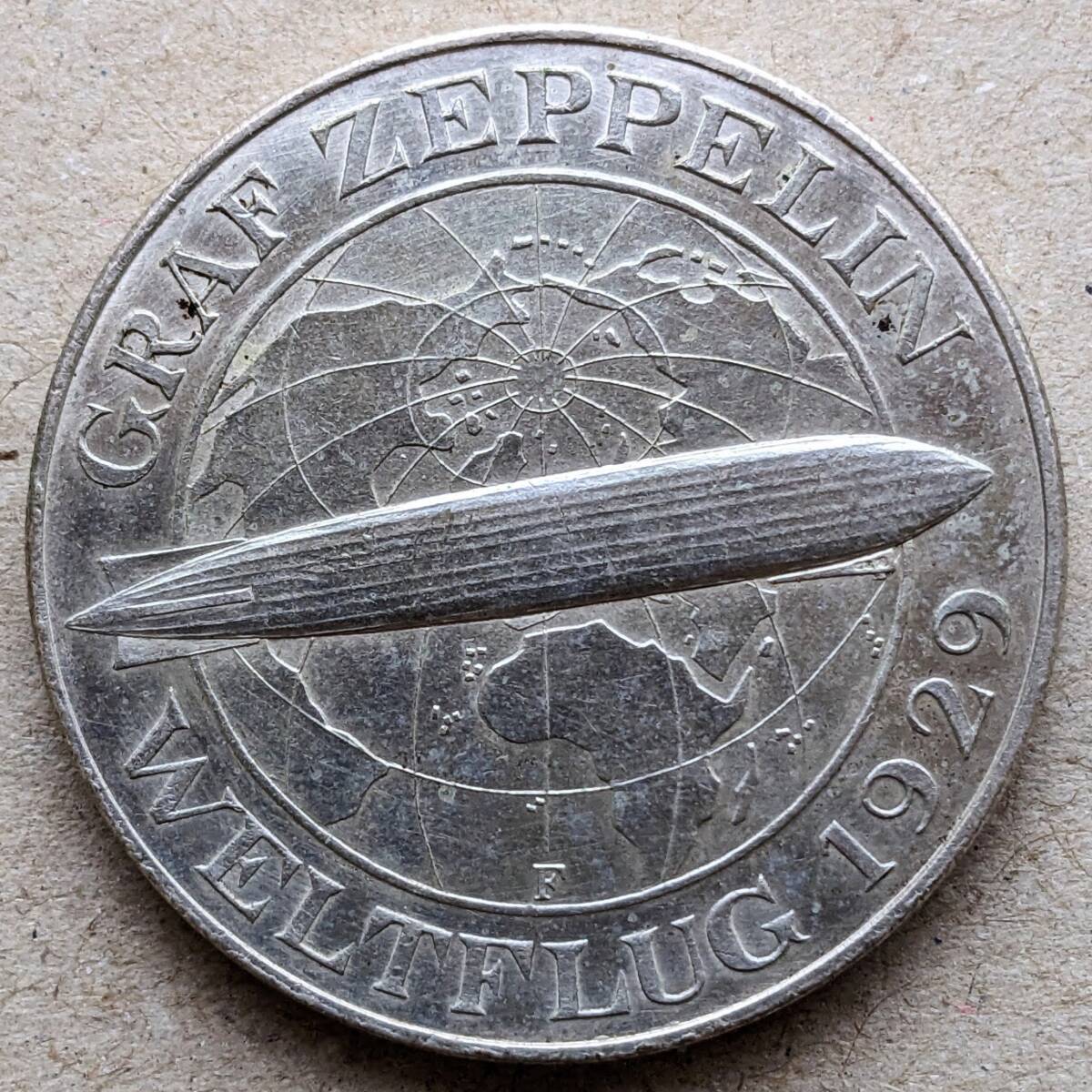 1930年 Zeppelin ドイツ ワイマール グラフ・ツェッペリン フライト 5ライヒスマルク 5マルク 銀貨 シュツットガルトミント UNC拍卖