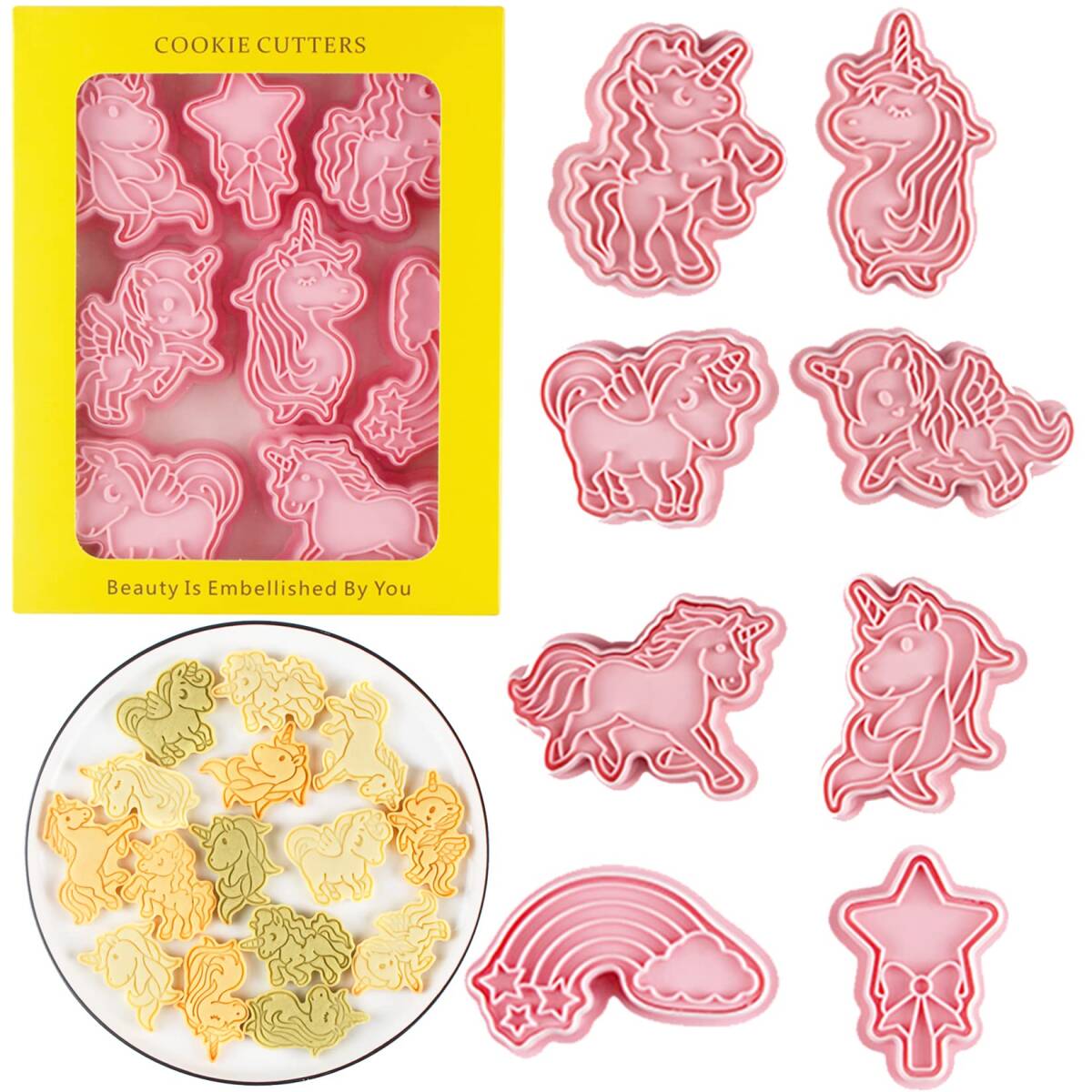 8個セットクッキー型抜き3D漫画製菓用品プレスタイプキッチンお弁当 可愛ユニコーン、星、虹 手作り ユニコーンクッキー型拍卖