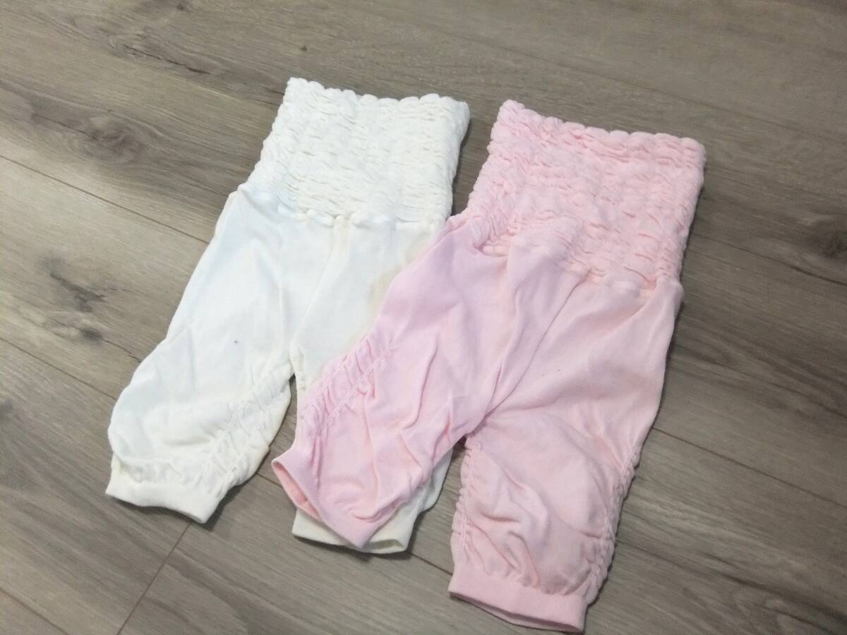 154 未着用品 訳あり品 ベビーステテコ2枚 70㎝(身長65~75㎝) ホワイト ピンク タイツ ギャザー 腹巻付き 日本製拍卖