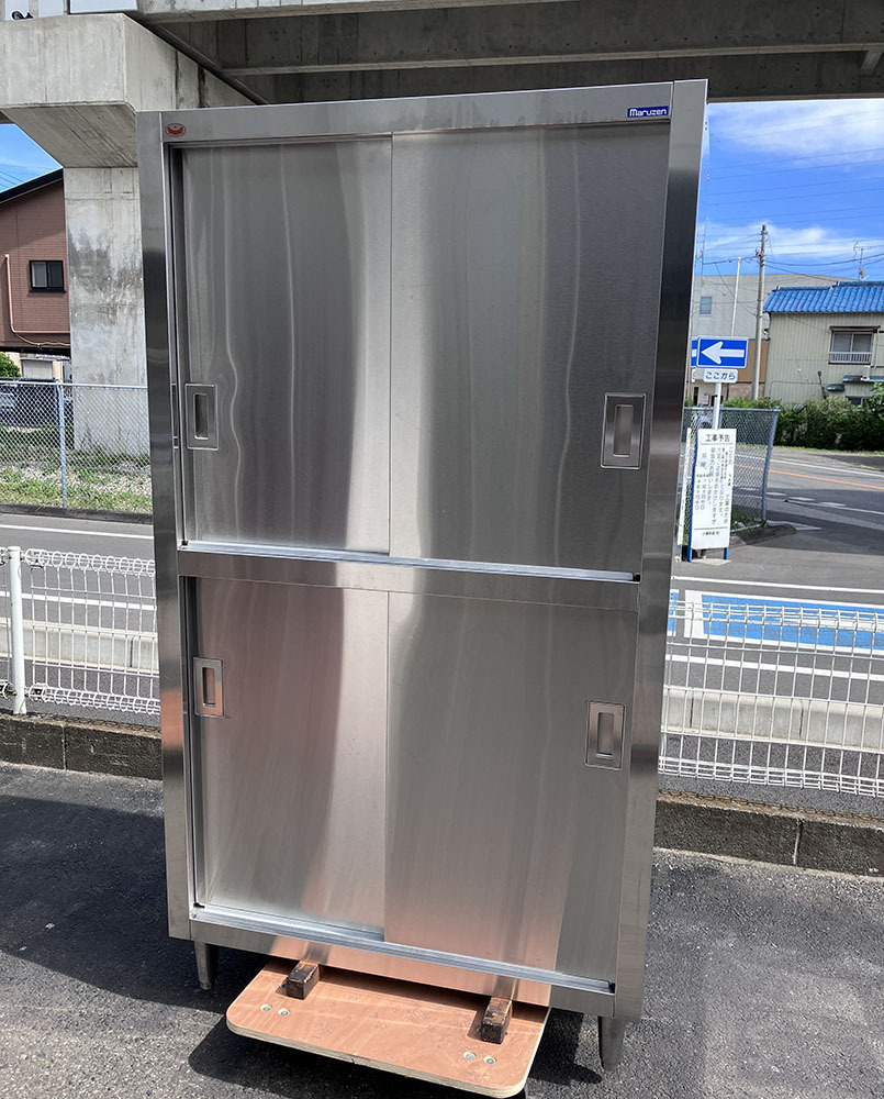 即決 マルゼン 食器棚 幅1000 奥行600 高さ1800mm ステンレス戸 2段 収納棚 引き戸 厨房 業務用 中古拍卖