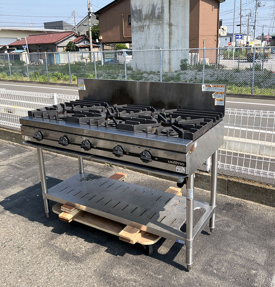 即決 2015年製 タニコー ガステーブル TSGT-1232 都市ガス用 幅1200 奥行600 高さ800+200mm 5口 バックガード付 スノコ付 厨房 業務用 中古拍卖