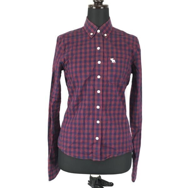 Abercrombie&Fitch★コットン/長袖ボタンダウンシャツ【レディースXS/赤/レッド系/チェック柄】◆BG212拍卖