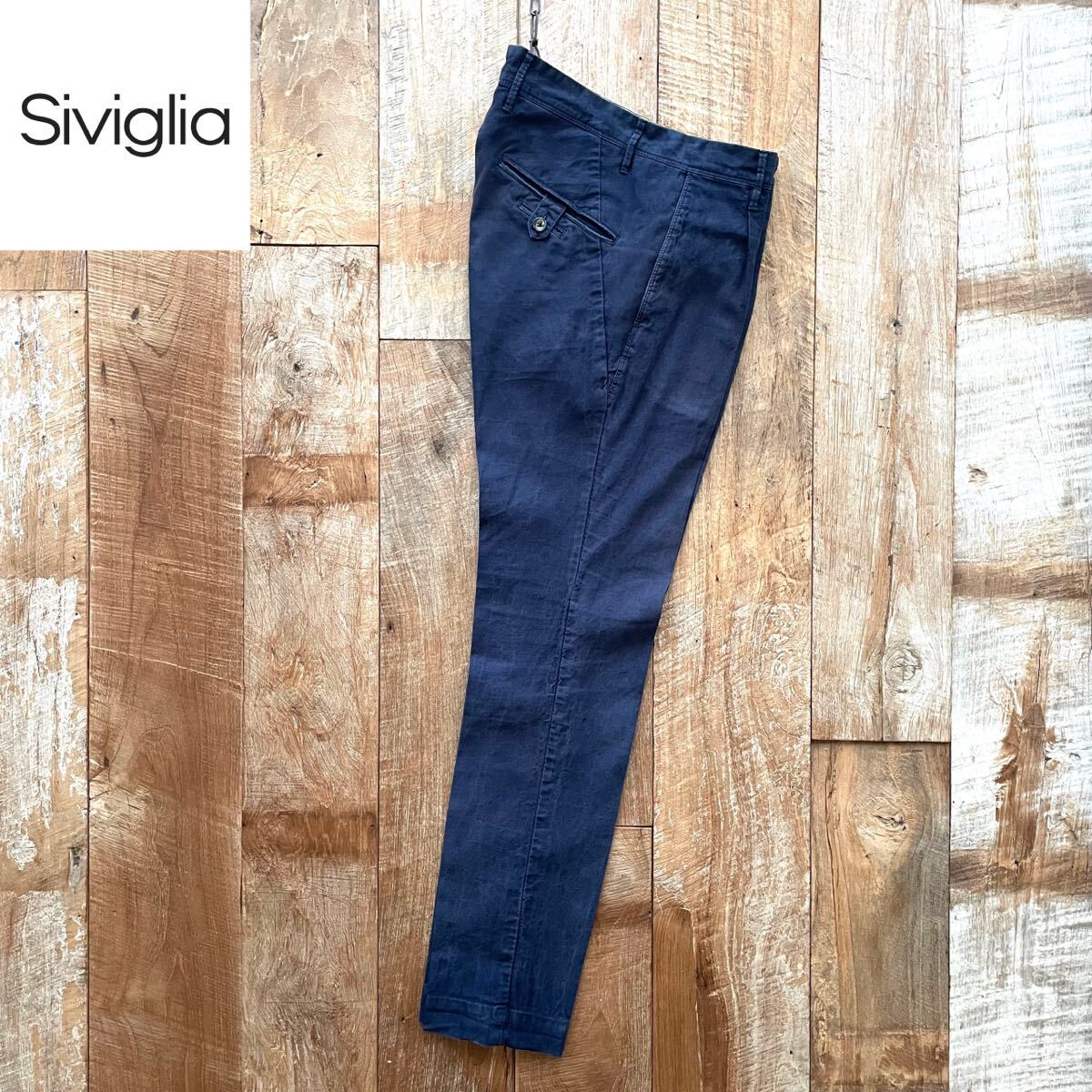 【美品】WHITE SIVIGLIA ホワイト シビリア 1プリーツ 1タック テーパード リネン コットン スラックス パンツ 30 ネイビー BEAMSF取扱拍卖