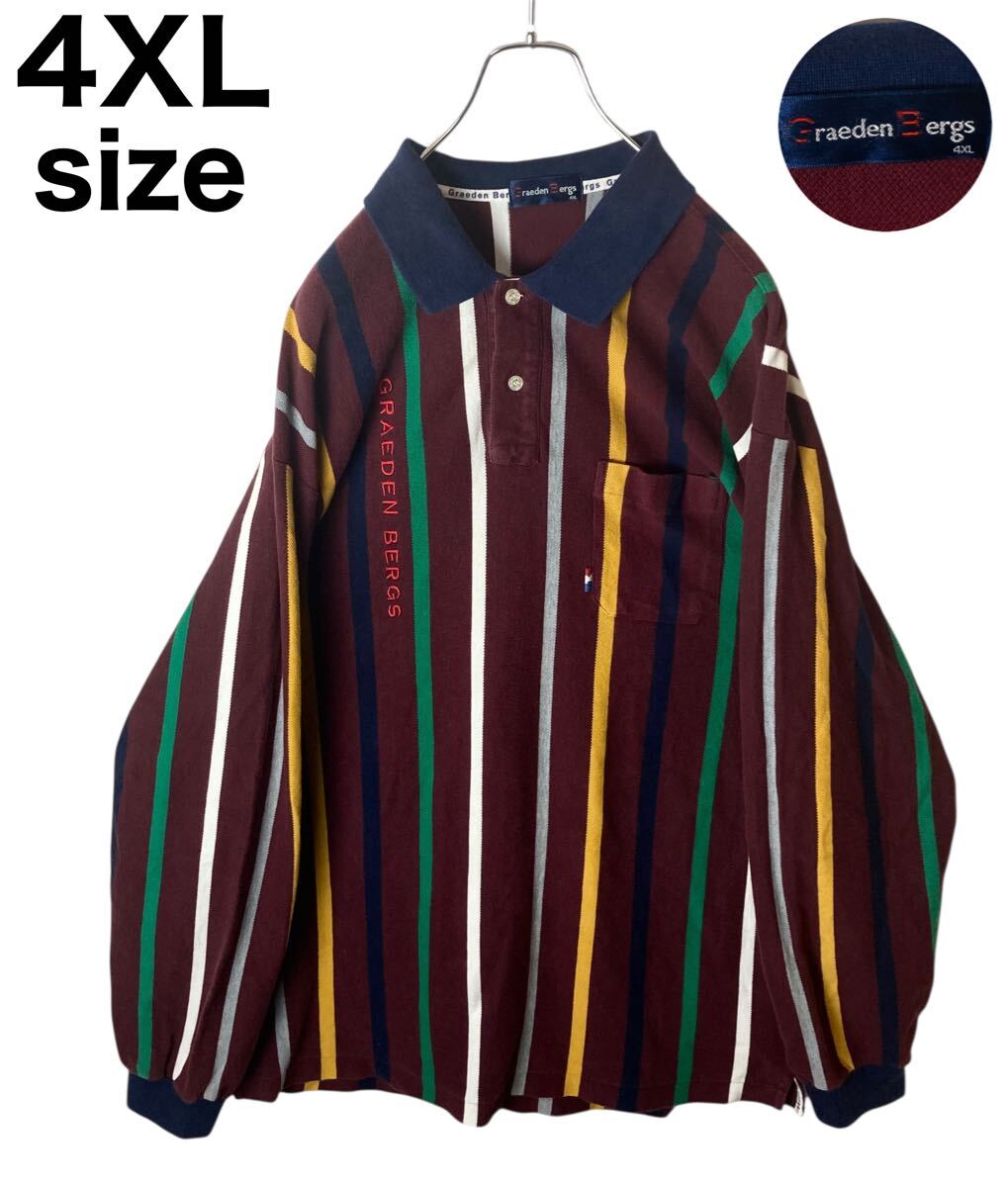 レトロ古着マルチカラーストライプデザインポロシャツ4XLゆったりサイズ拍卖